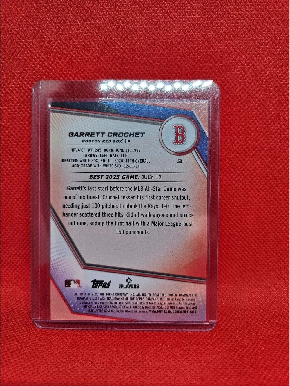 2025 Bowman’s Best #3 Garrett Crochet Purple Lazer /250 - Boston Red Sox